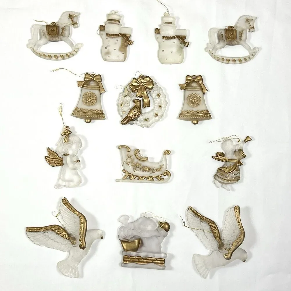 VTG Clear Frosted Acrylic Christmas Ornaments Gold Trim 13pc LOT Santa Dove Bell